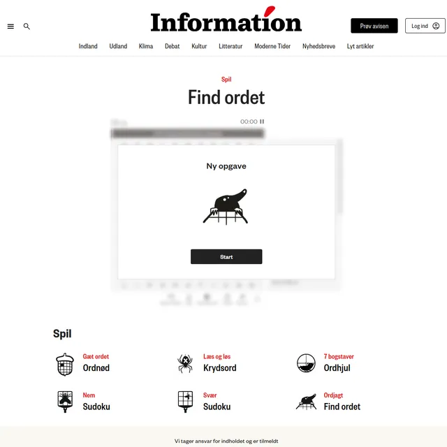 Information's Find ordet page with the New puzzle start panel and links to the paper's other games