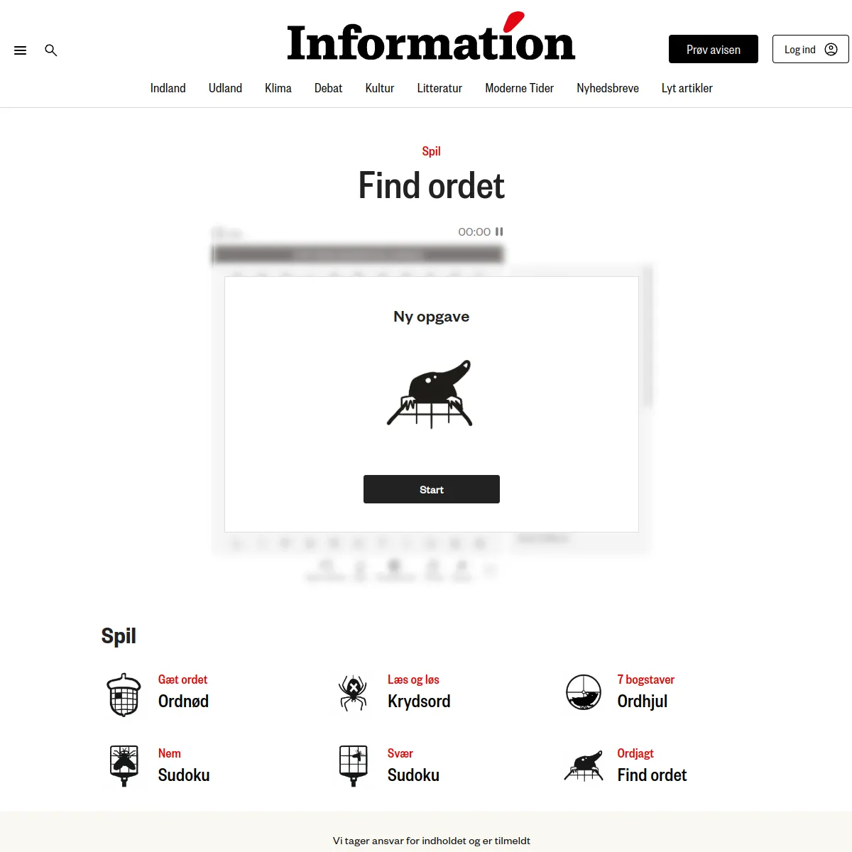 Information's Find ordet page with the New puzzle start panel and links to the paper's other games