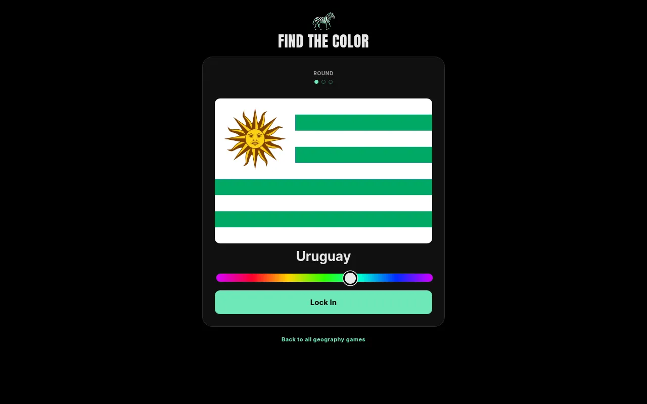 Find the Color round 1 of 3: the flag of Uruguay with its blue stripes recoloured green, the name Uruguay, a hue slider and a Lock In button
