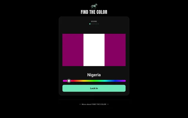 Find the Color round 1: the flag of Nigeria with its green bands recoloured purple, the name Nigeria, a hue slider and a Lock In button