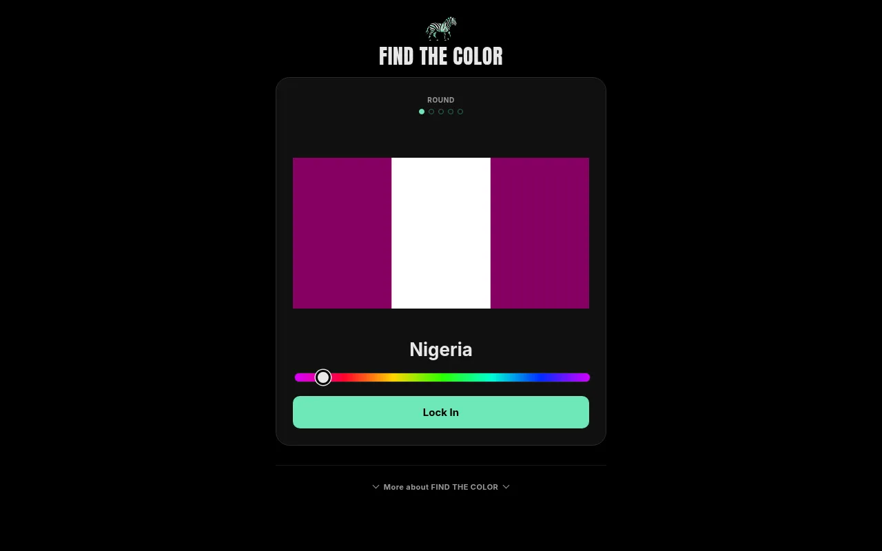 Find the Color round 1: the flag of Nigeria with its green bands recoloured purple, the name Nigeria, a hue slider and a Lock In button