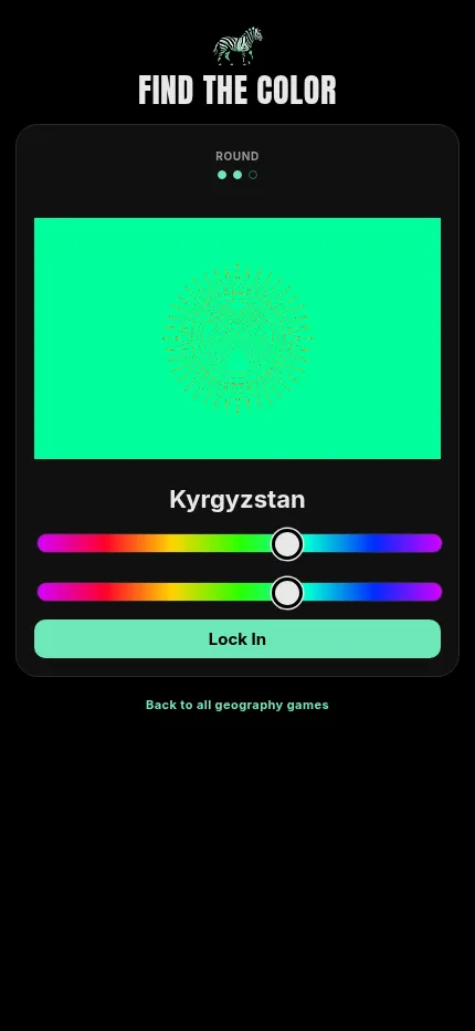 Find the Color on a phone, round 2: the flag of Kyrgyzstan in mint green with two hue sliders under it and a Lock In button