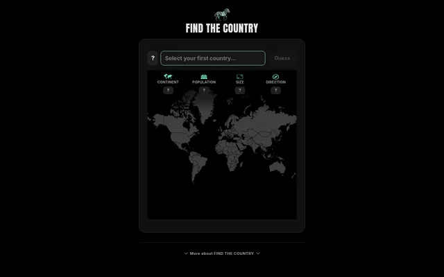 Find the Country board: a country search box above clue columns for continent, population, size and direction, over a dark world map