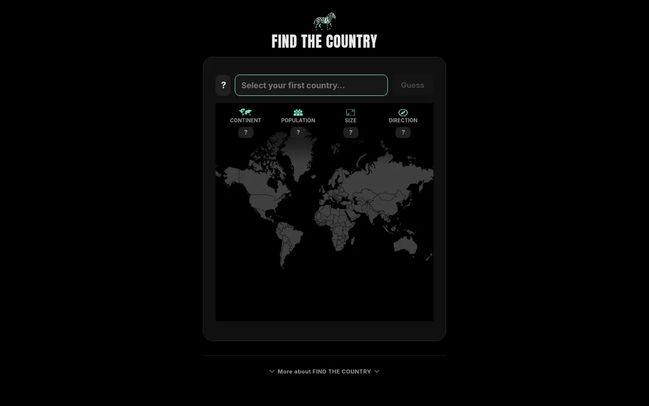 Find the Country board: a country search box above clue columns for continent, population, size and direction, over a dark world map