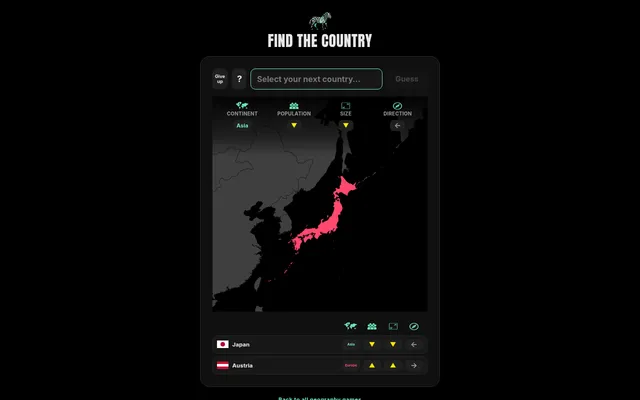 Find the Country mid-game: Japan shaded on the world map with continent, population, size and direction clues, and the guesses Japan and Austria listed below