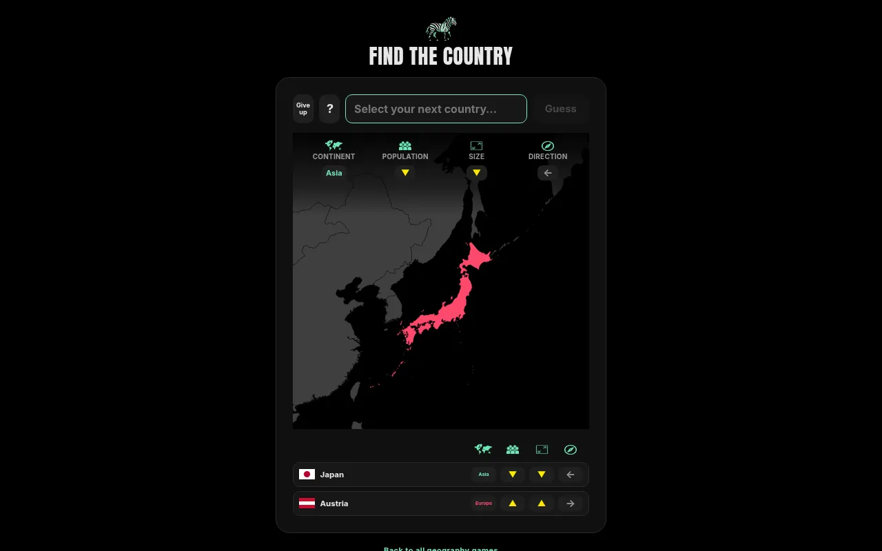 Find the Country mid-game: Japan shaded on the world map with continent, population, size and direction clues, and the guesses Japan and Austria listed below