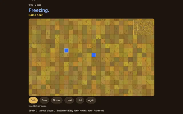 Find The Needle daily puzzle on 24 October 2026: a field of straw tiles with two swept tiles marked Freezing in blue, the clock at 0:06 after 2 tries, and a corner map of the haystack