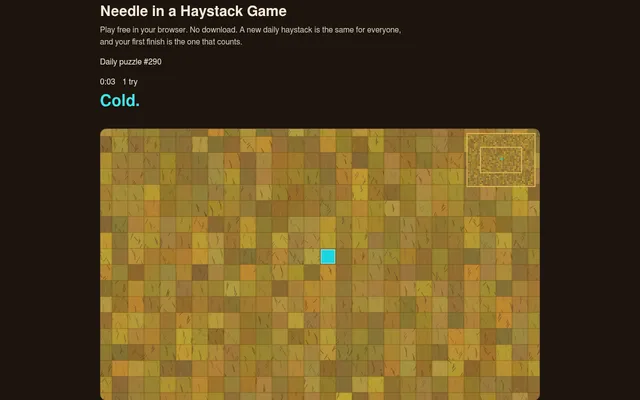 Find The Needle daily puzzle #290: a field of straw tiles with one cleared tile marked Cold in cyan, and a corner map of the haystack
