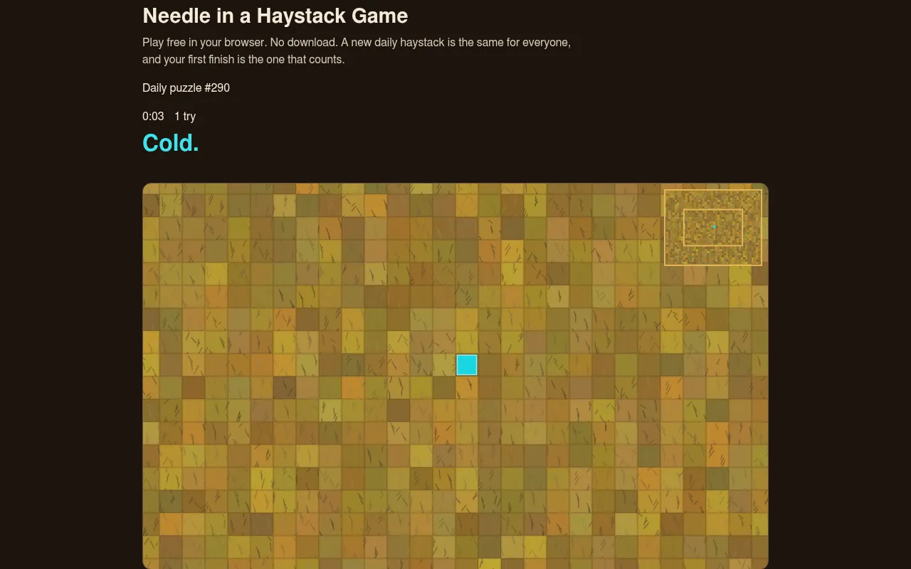 Find The Needle daily puzzle #290: a field of straw tiles with one cleared tile marked Cold in cyan, and a corner map of the haystack