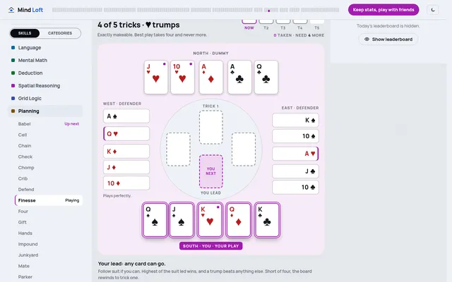 Finesse deal for 21 October 2026 at desktop size: dummy's five cards at the top, West and East defenders at the sides, South's lit hand below, four of five tricks with hearts trumps