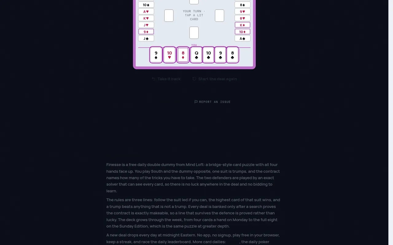Finesse deal on mindloftdaily.com in dark mode: the West and East hands at the sides, the South hand of seven cards along the bottom with playable cards lit, and the prompt your turn, tap a lit card