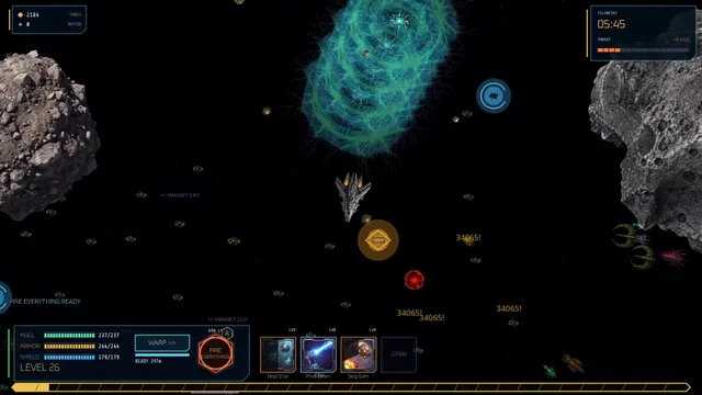 Fire Everything!: a fighter ship at level 26 amid swarms of small alien ships and asteroids, a swirling cyan vortex above, damage numbers and the ship's hull, armour and shield bars
