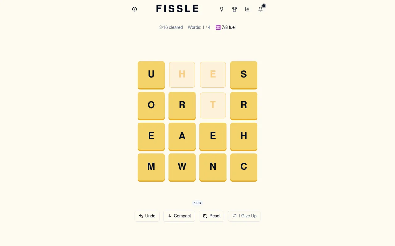 Fissle daily puzzle #655 after one word: three spent tiles faded, 3 of 16 cleared, 1 of 4 words and 7 of 8 fuel left