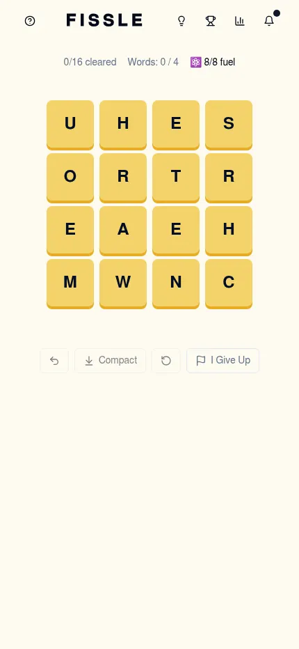 Fissle's daily 4x4 letter grid on a phone, with 0 of 16 cleared and 8 of 8 fuel