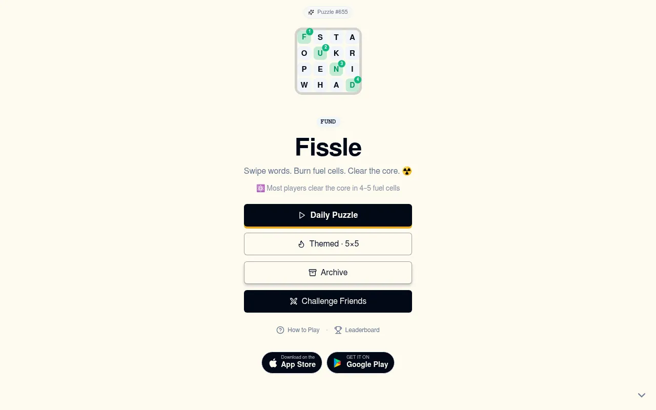 Fissle home screen for Puzzle #655: a small letter grid with FUND traced, above Daily Puzzle, Themed 5x5, Archive and Challenge Friends buttons