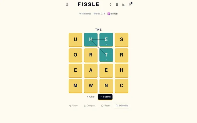 Fissle daily puzzle #655 on a desktop: the word THE traced across three teal tiles of the 4x4 letter grid, with 8 of 8 fuel and a Submit button