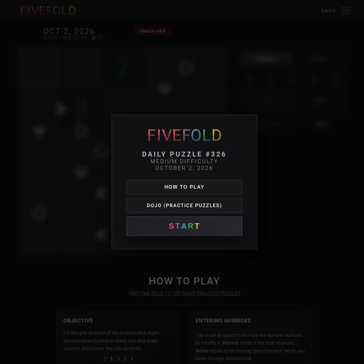 FIVEFOLD start screen for Daily Puzzle #326, medium difficulty, October 2, 2026