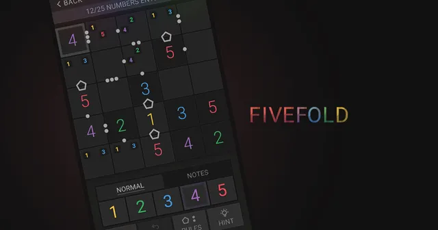 A FIVEFOLD puzzle on a phone: a 5x5 grid of coloured digits with pentagon and dot rule symbols, beside the rainbow FIVEFOLD logo