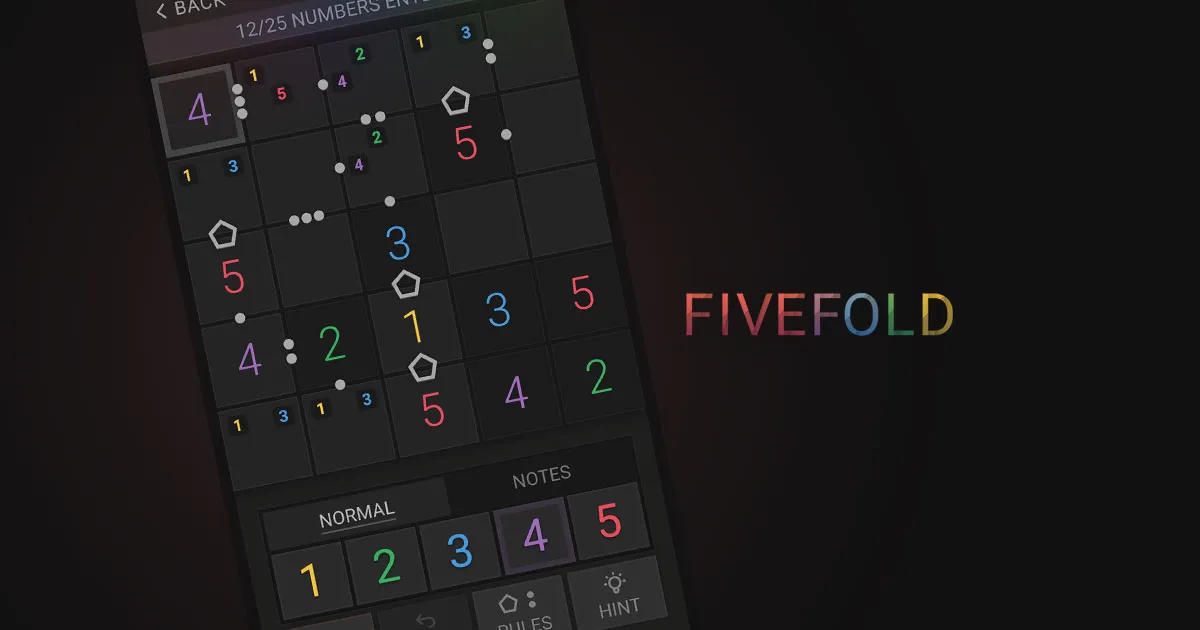 A FIVEFOLD puzzle on a phone: a 5x5 grid of coloured digits with pentagon and dot rule symbols, beside the rainbow FIVEFOLD logo