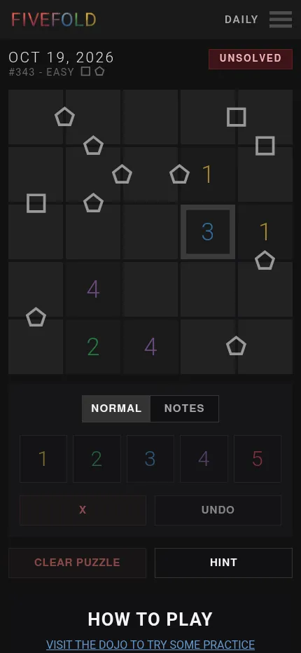 FIVEFOLD Daily Puzzle #343 (Easy) for October 19, 2026 at phone size: a 5x5 grid with given digits, square and pentagon rule symbols, and the 1 to 5 keypad below