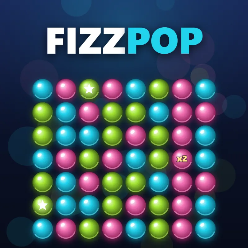 FIZZ POP title art over a grid of glowing pink, green and blue bubbles with star and x2 bubbles