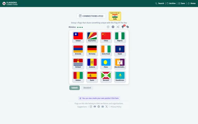 Flag Connections #122 on Flagdoku: India as the Flag of the Day above a four by four board of flags including Taiwan, Seychelles, Germany, Guam and Kazakhstan
