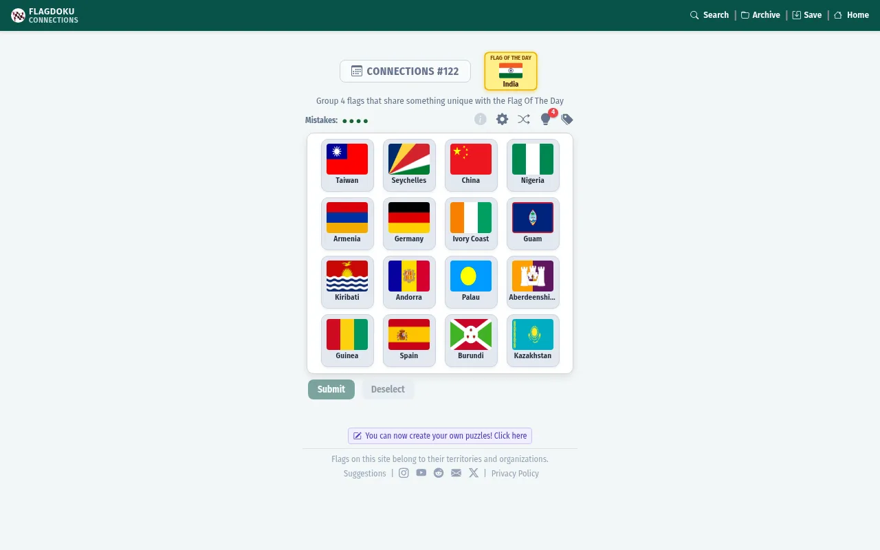 Flag Connections #122 on Flagdoku: India as the Flag of the Day above a four by four board of flags including Taiwan, Seychelles, Germany, Guam and Kazakhstan
