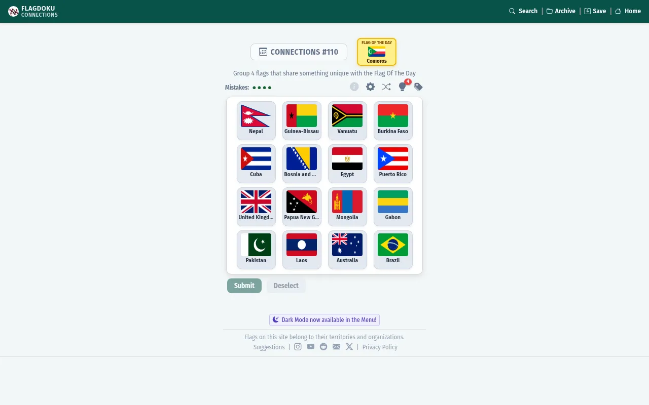 Flag Connections #110 on Flagdoku: Comoros as the Flag of the Day above a four by four grid of flags including Nepal, Cuba, the United Kingdom and Brazil