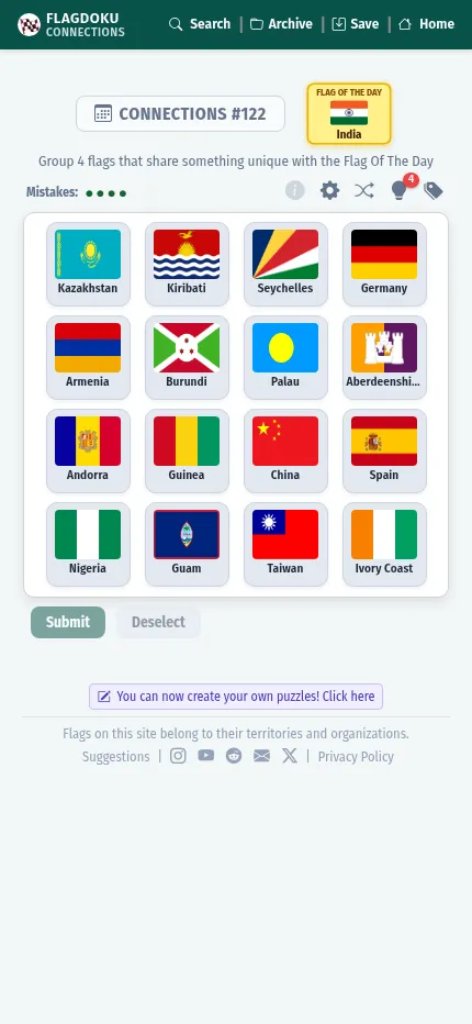Flag Connections #122 at phone size: India as the Flag of the Day and the sixteen flags in a four by four grid