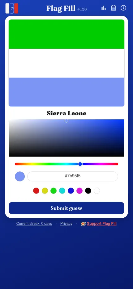 Flag Fill #126 at phone size: Sierra Leone's flag with a chosen light blue previewed in the missing bottom stripe, above the colour picker