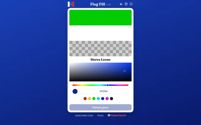 Flag Fill #126 on 18 October 2026: the flag of Sierra Leone with its bottom stripe blanked as a grey checkerboard, above the colour picker, hex field, swatches and Submit guess button
