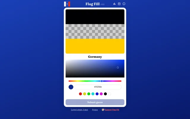 Flag Fill #111: the flag of Germany with its middle stripe blanked as a grey checkerboard, above a colour picker, hex field and Submit guess button