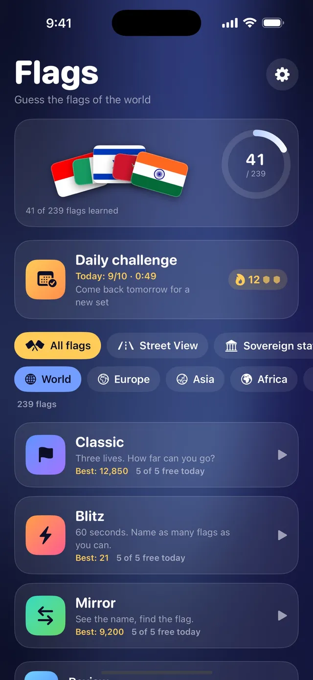 Flags home screen with 41 of 239 flags learned, the Daily challenge card showing Today: 9/10 in 0:49 and a 12 day streak, and the Classic, Blitz and Mirror modes