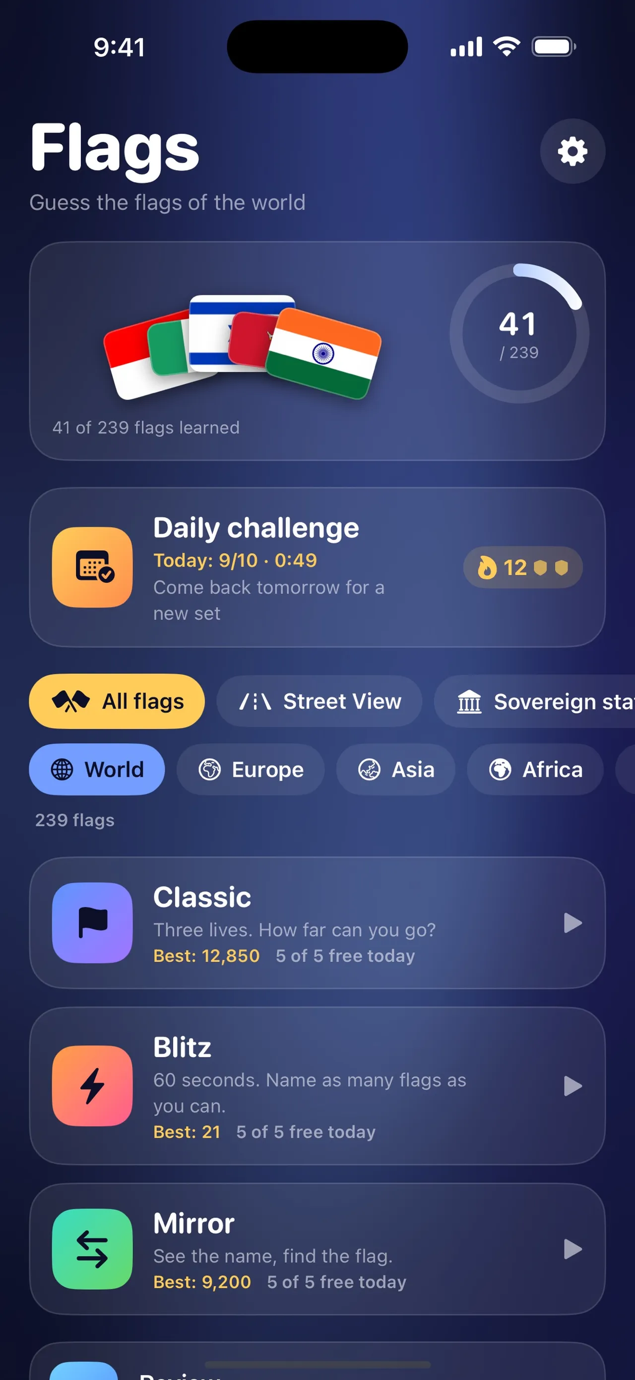 Flags home screen with 41 of 239 flags learned, the Daily challenge card showing Today: 9/10 in 0:49 and a 12 day streak, and the Classic, Blitz and Mirror modes