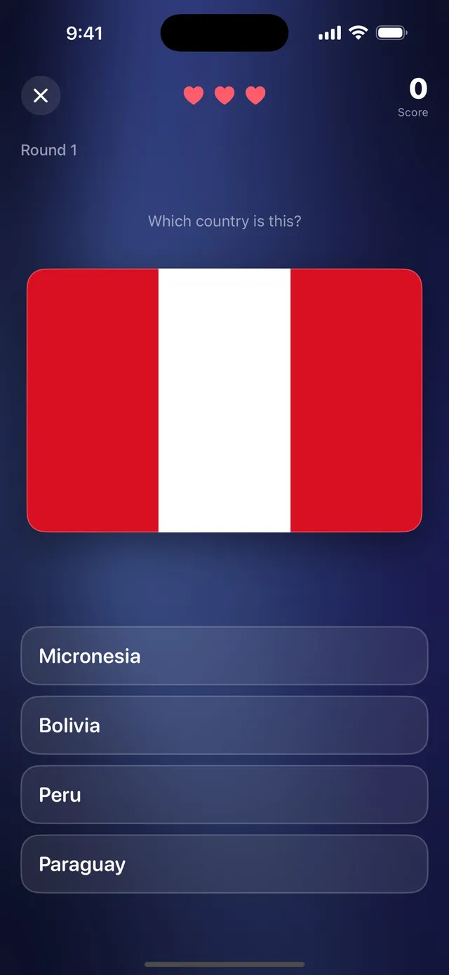 Flags Classic round 1 asking Which country is this? for a red, white and red vertical tricolour, with the answers Micronesia, Bolivia, Peru and Paraguay