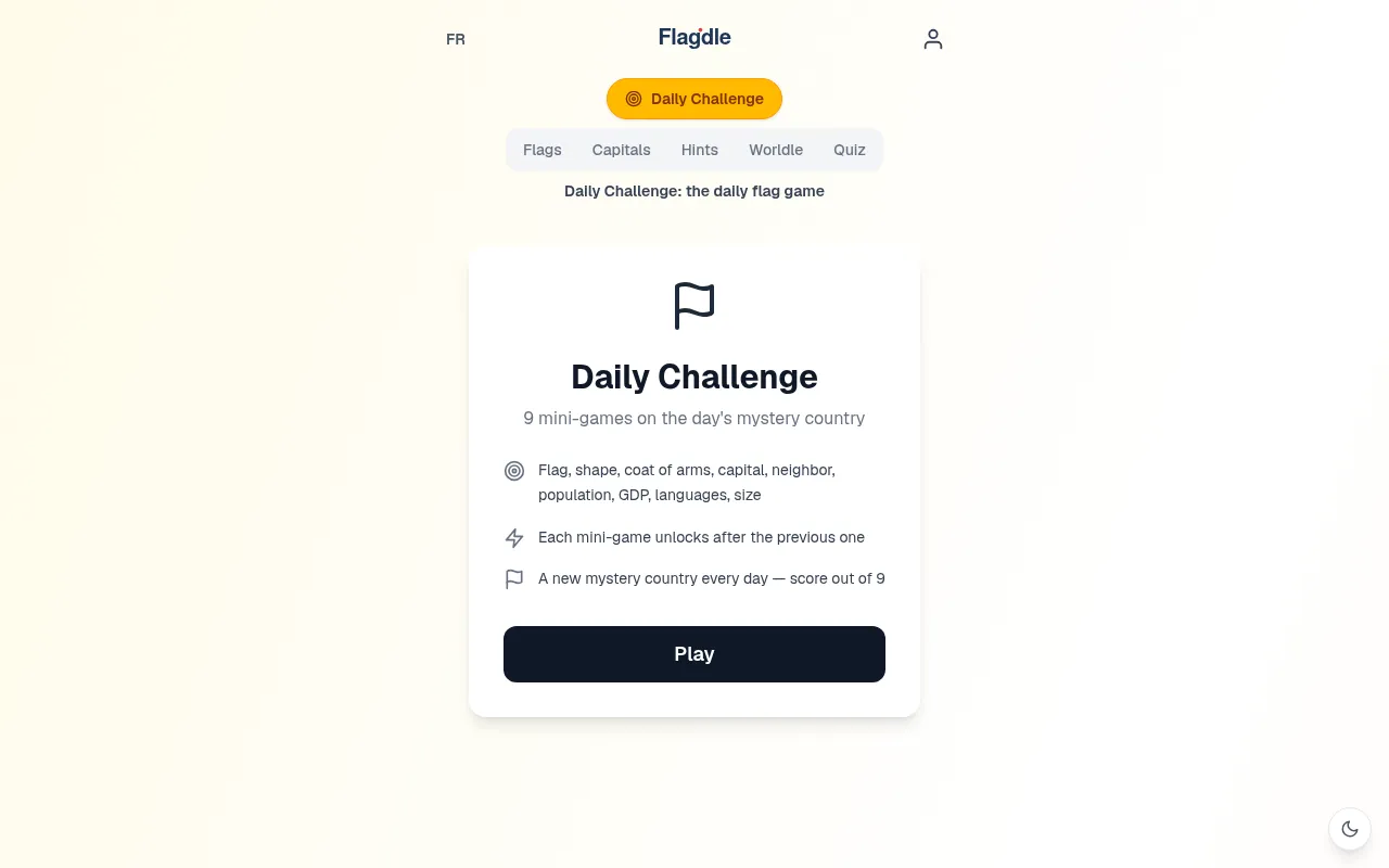 Flagdle Daily Challenge card: 9 mini-games on the day's mystery country, a new country every day, scored out of 9