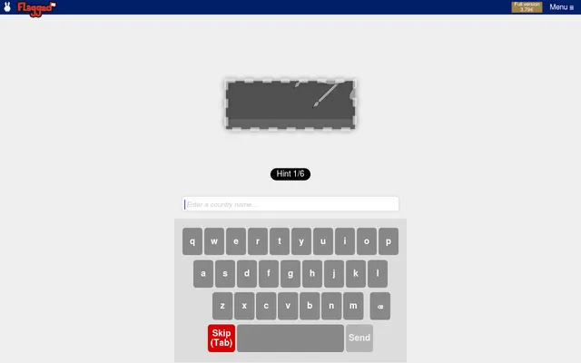 Flagged on Gamebunny: hint 1 of 6, a greyed crop of today's flag above a box to type a country name and an on-screen keyboard