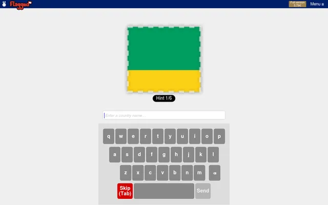 Flagged on Gamebunny: the first of six hints for today's country, a cropped part of its flag in green and yellow, above a box to type a country name and an on-screen keyboard