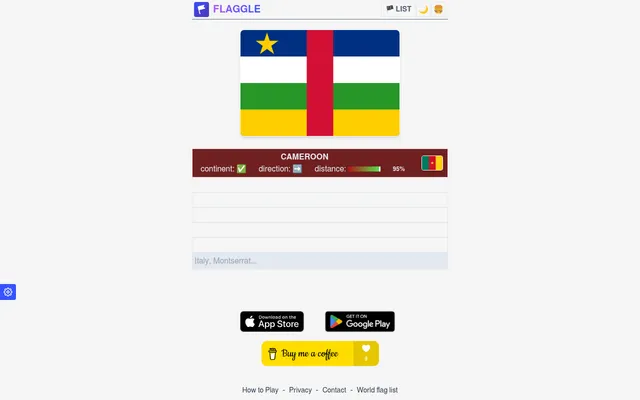 Flaggle on the web on 18 October 2026: the daily flag of the Central African Republic with a first guess, Cameroon, showing the right continent, an arrow pointing east and a 95% closeness meter