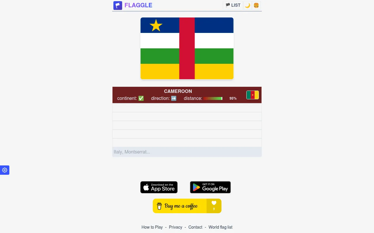 Flaggle on the web on 18 October 2026: the daily flag of the Central African Republic with a first guess, Cameroon, showing the right continent, an arrow pointing east and a 95% closeness meter