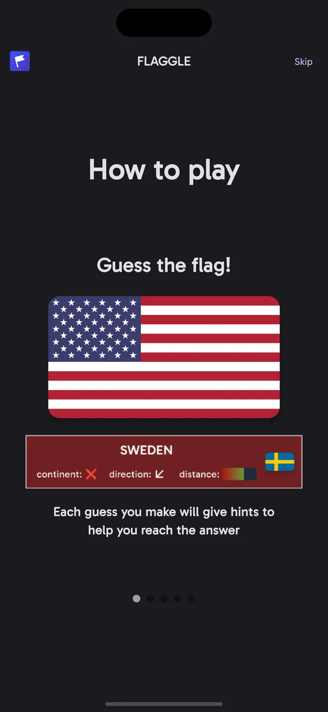 Flaggle How to play screen: a US flag and a wrong guess of Sweden with continent, direction and distance hints