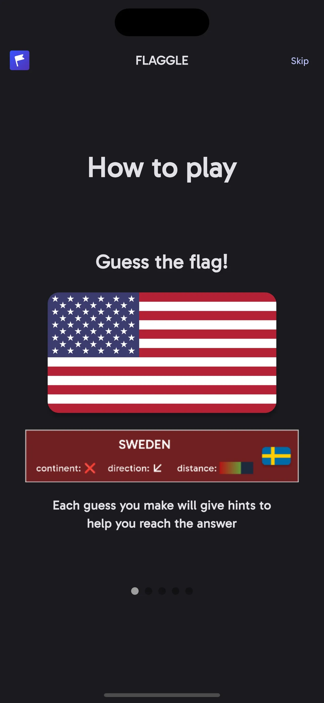 Flaggle How to play screen: a US flag and a wrong guess of Sweden with continent, direction and distance hints