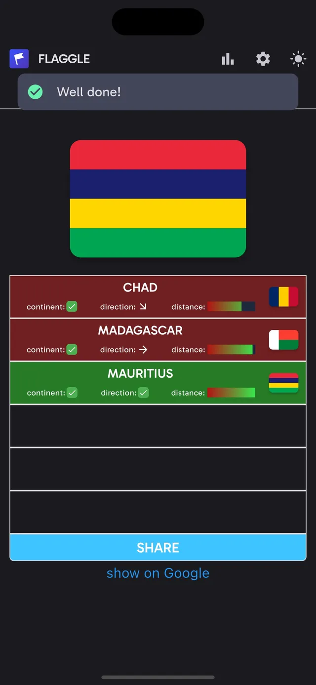 Flaggle board: the Mauritius flag guessed on the third try after Chad and Madagascar, each row with continent, direction and distance hints