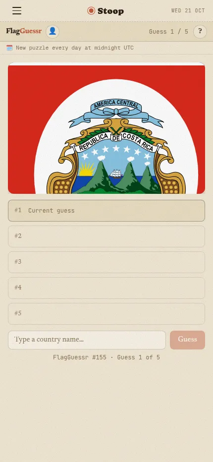 FlagGuessr #155 at phone size: the zoomed-in flag above five guess rows and the country input
