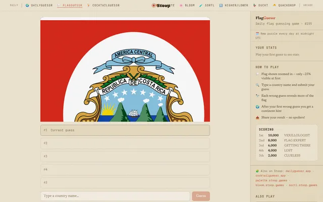 FlagGuessr #155 on desktop: the day's flag zoomed in on a coat of arms, five empty guess rows, the input box and the scoring panel