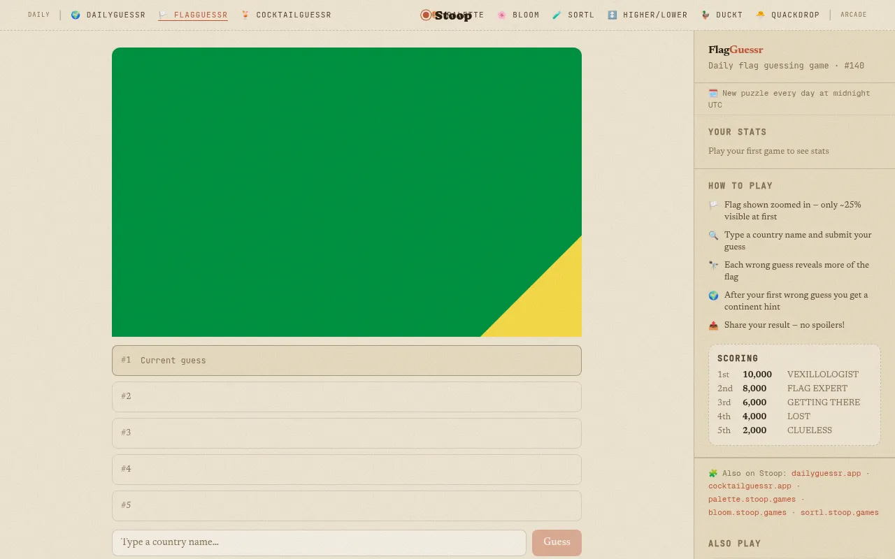 FlagGuessr puzzle #140 showing a zoomed-in section of the day's flag, five guess slots and the how-to-play panel