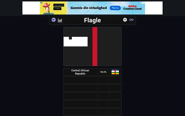Today's Flagle Game board after one guess: Central African Republic at 18.2% has uncovered a red vertical stripe and a white block of the hidden flag