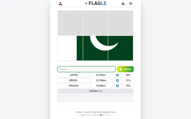 Flagle #1711 after three guesses: the bottom row of the six-tile flag shows a white band and a white crescent on green, with distance, direction and percent for Japan, Brazil and France