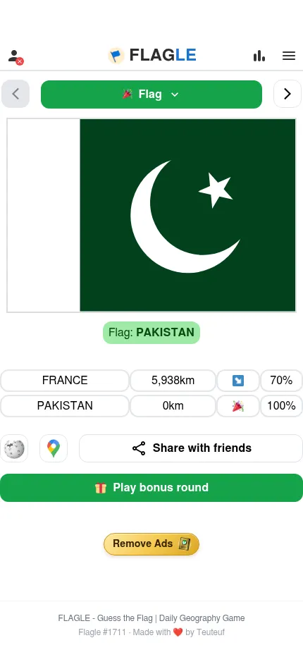 Flagle on a phone after solving the 29 October 2026 puzzle: the whole flag of Pakistan, the guesses France and Pakistan, and buttons to share and play the bonus round