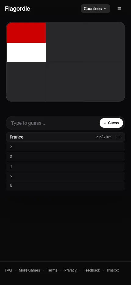 Flagordle's daily on a phone: one uncovered tile, red over white, above the guess box and six guess rows, France shown 5,537 km away